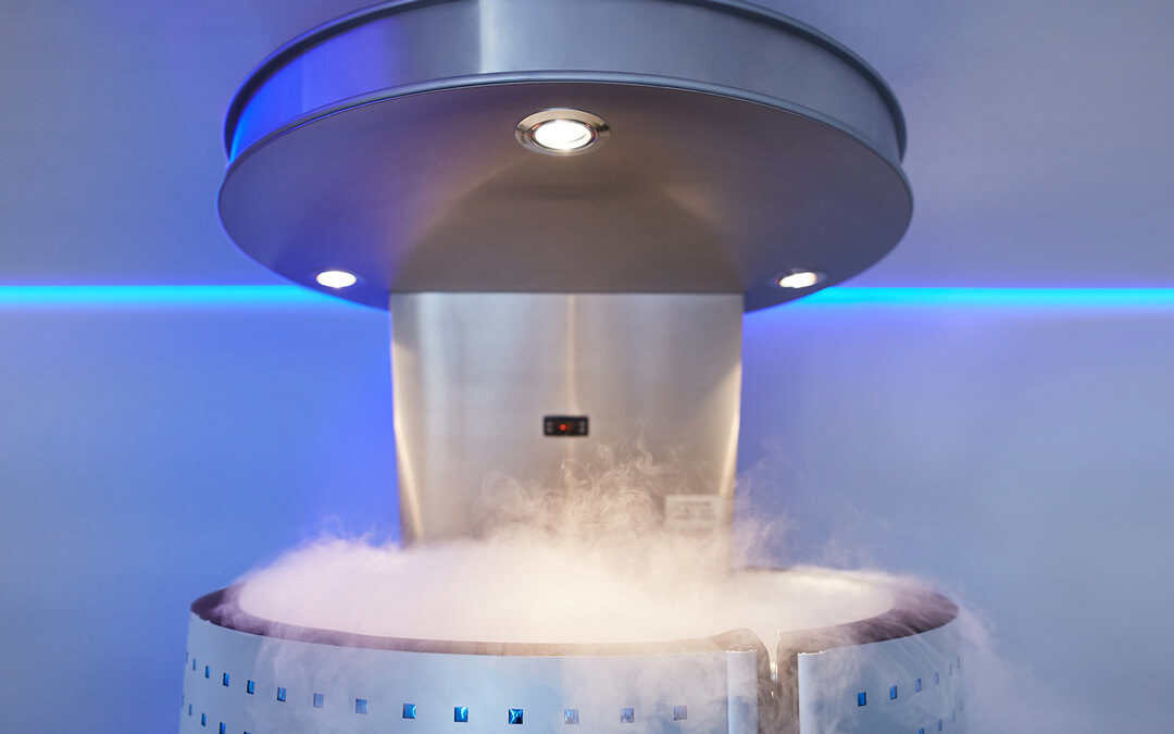 Cryotherapy capsule with cold nitrogen vapors in cosmetology clinic.