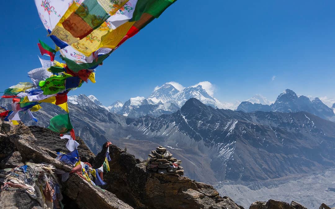 View of Gokyo lake from Gokyo ri in the morning surrounded with the Himalayas mountains include Everest.