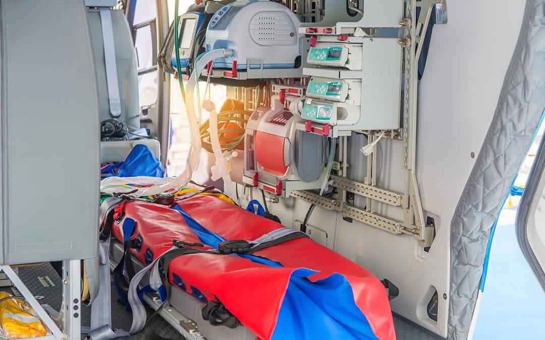 Inside of medical helicopter with emergency life support equipment.