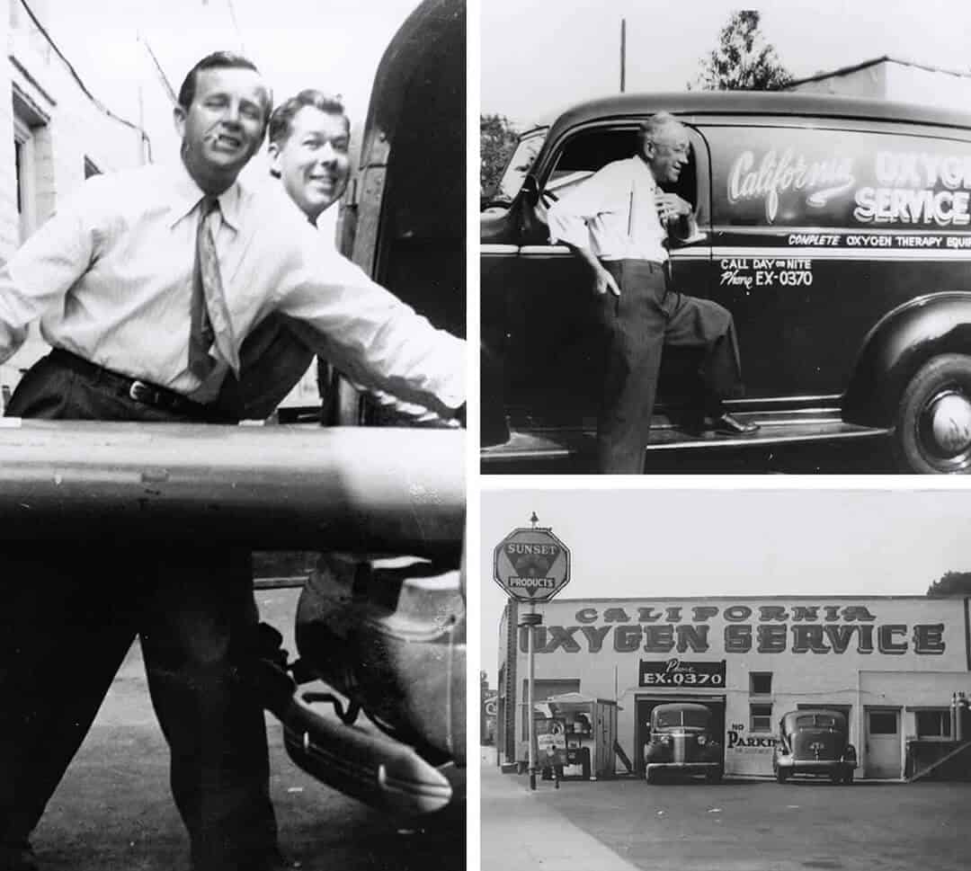 Collage of images from the early days of Cal Ox Inc. Images are of employees loading a truck with oxygen tanks. Another image shows the front of the shop.