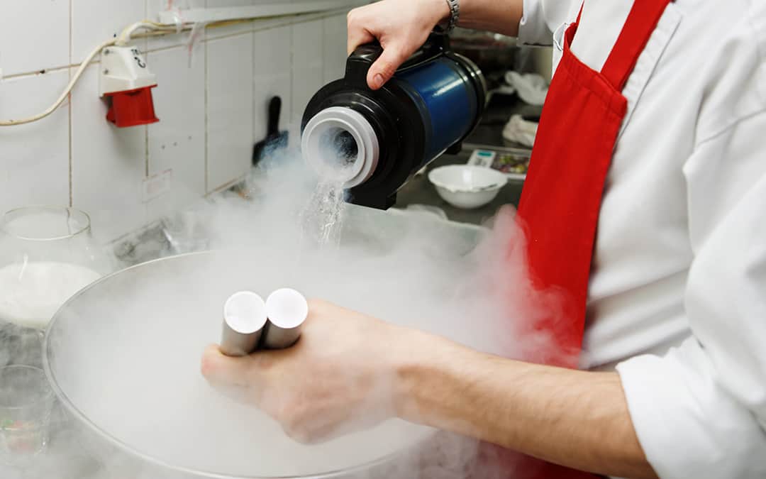 Food preparation with liquid nitrogen - pouring liquid into a pot