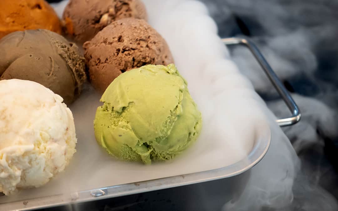 Liquid nitrogen ice cream scoops on a tray