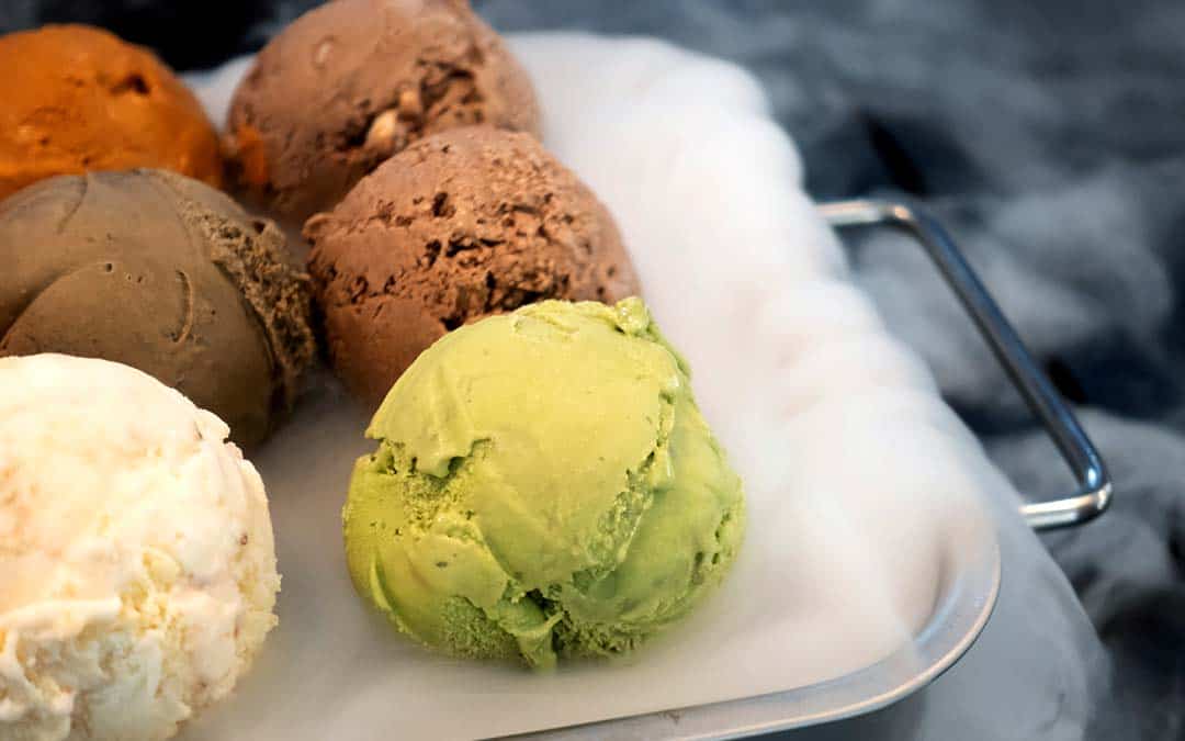 Liquid Nitrogen Ice Cream: balls of ice cream on a tray