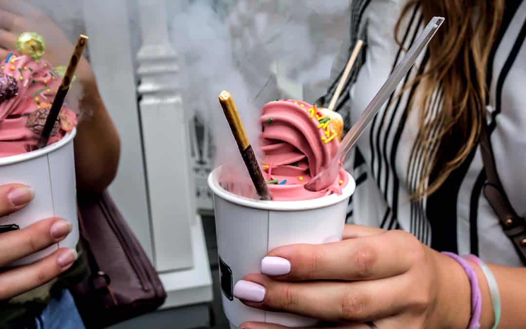 Liquid Nitrogen Ice Cream: pink soft serve in a cup