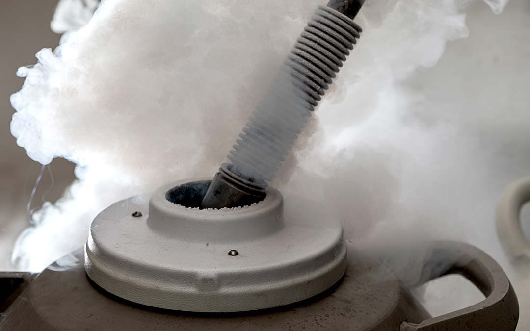 large tank of liquid nitrogen with fog coming out